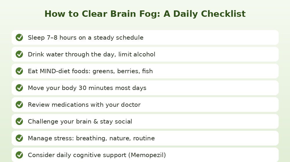 Daily checklist to clear brain fog — sleep, hydration, MIND diet, exercise, medication review and cognitive support