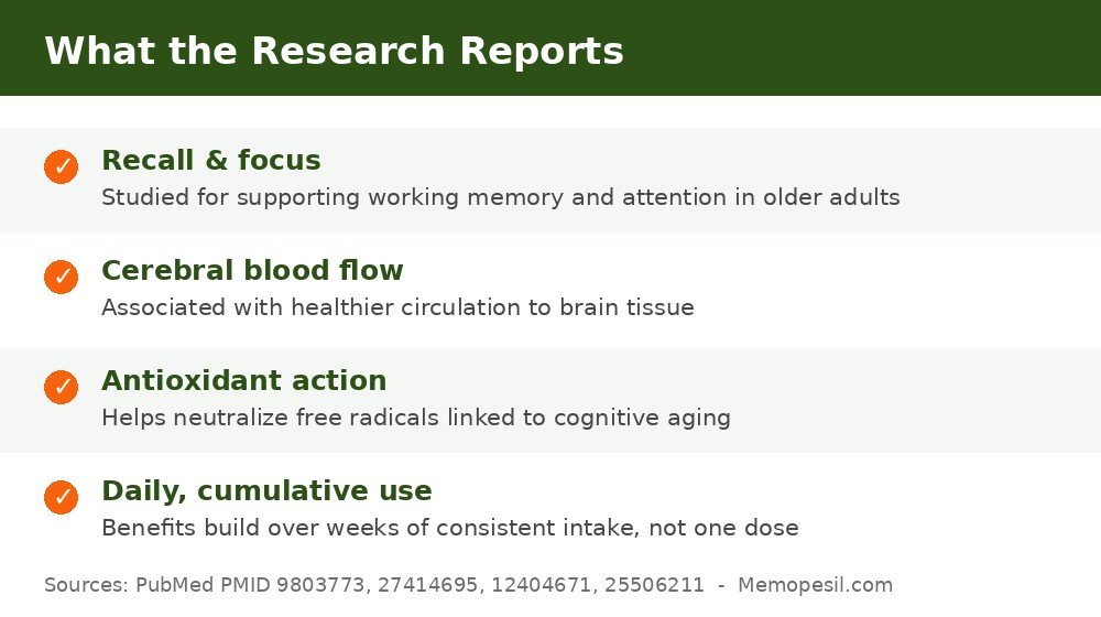 Summary chart of Ginkgo Biloba research benefits for memory, blood flow, antioxidant action and daily use