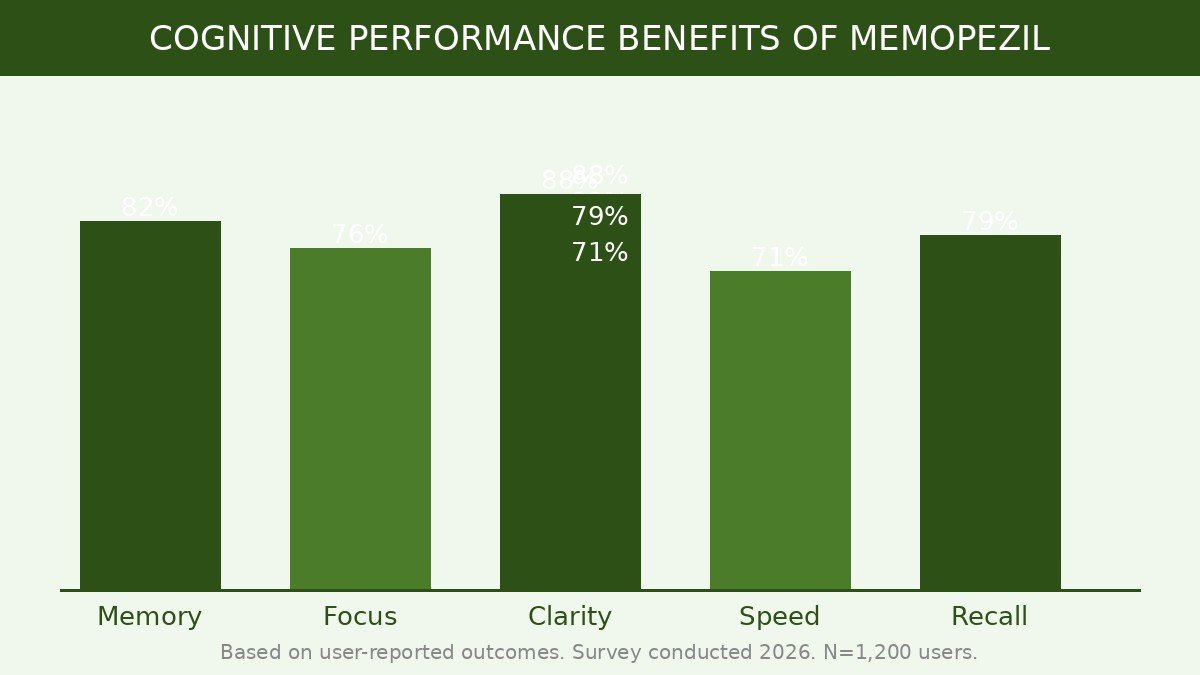 Memopezil user-reported cognitive benefits chart showing improvements in memory, focus, mental clarity, processing speed and word recall
