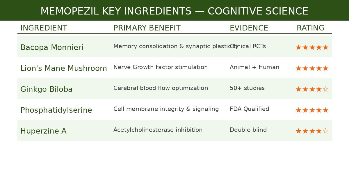 Memopezil key ingredients scientific evidence table - Bacopa, Lions Mane, Ginkgo, Phosphatidylserine, Huperzine A