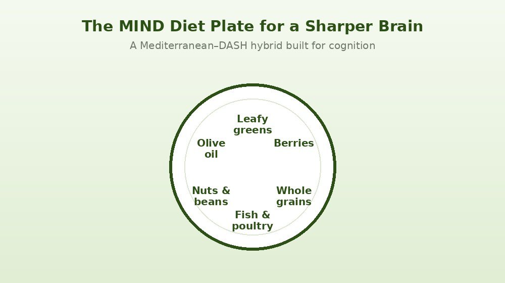 The MIND diet plate showing leafy greens, berries, whole grains, fish, nuts and olive oil for brain health