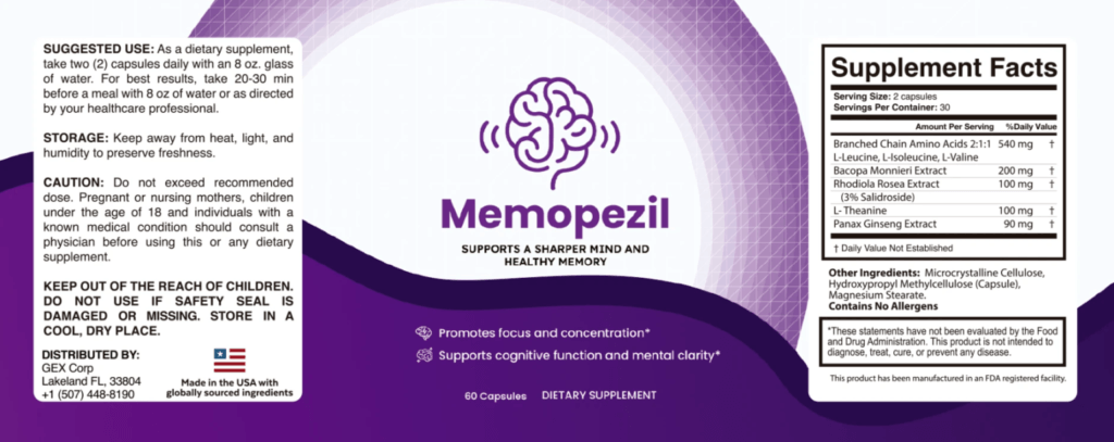 MemoPezil supplement facts label and ingredients